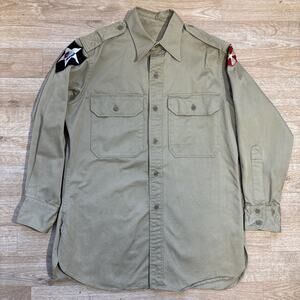 Vtg 1951 US Army Khaki Cotton Uniform Shirt Patch Apache Indian Head Infantry